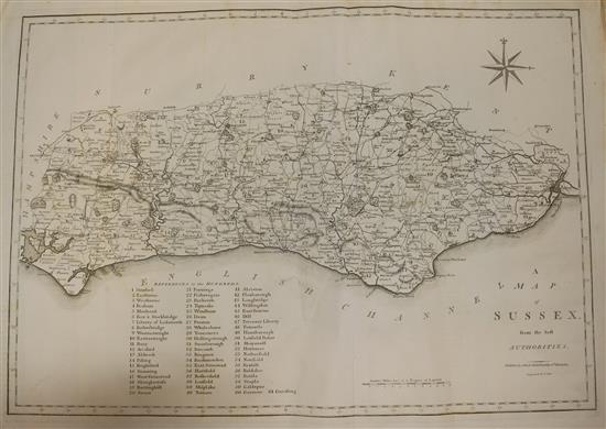John Cary Map of Sussex, 1805, 14 x 20in. & 3 other prints all unframed